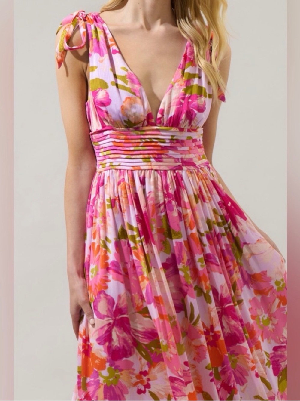 Sugarlips Pink Floral Tie-Shoulder V-Neck Maxi Dress